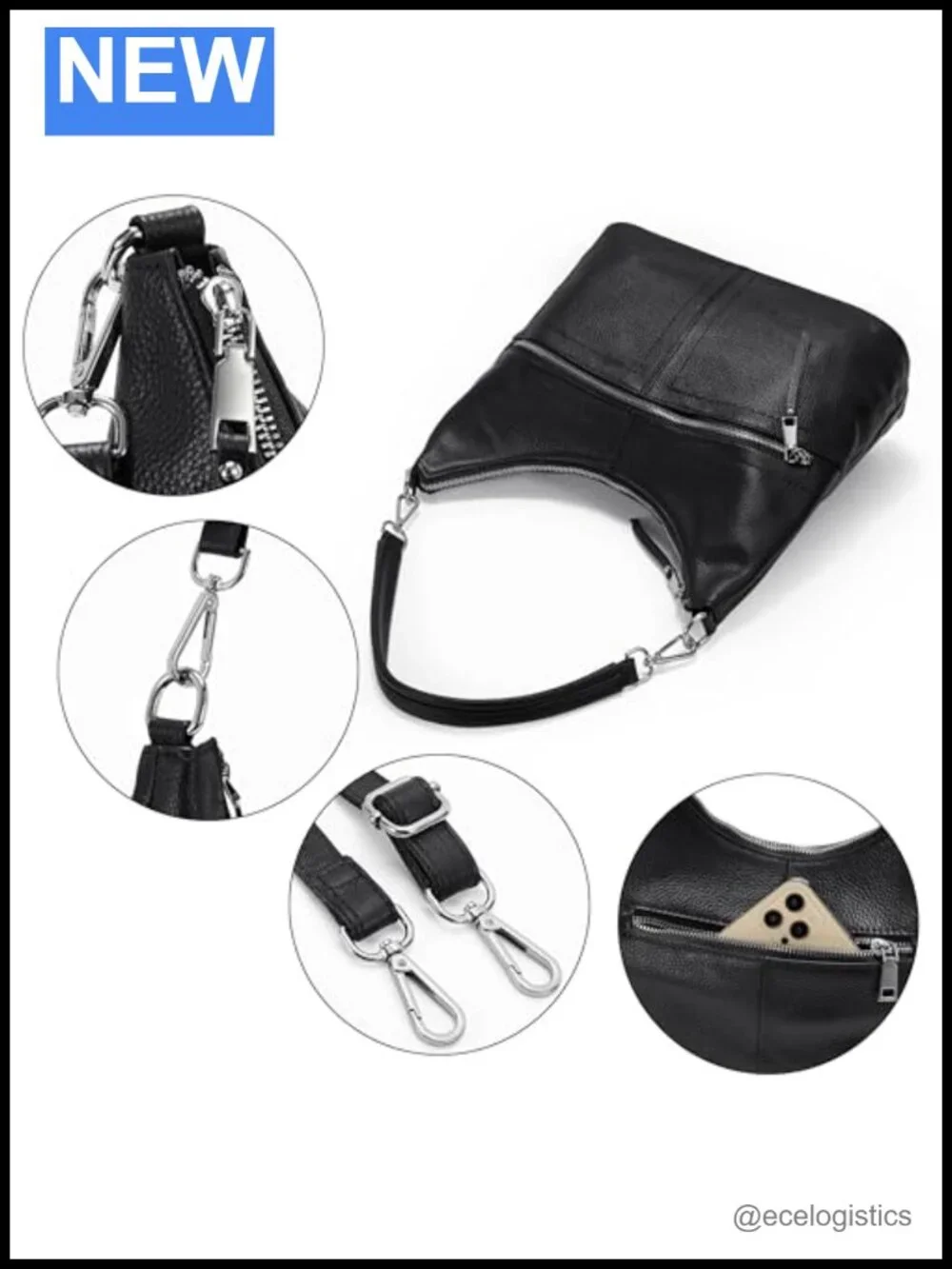 Genuine Leather Pebbled Hobo Handbag Shoulder Crossbody Bag Silver Hardware